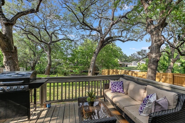 5307 Shady Oaks Cir, Kingsland, TX 78639 - wooden deck featuring an outdoor hangout area, fence, and grilling area