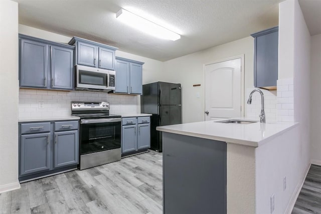 kitchen with appliances with stainless steel finishes, a sink, light wood finished floors, tasteful backsplash, and a peninsula