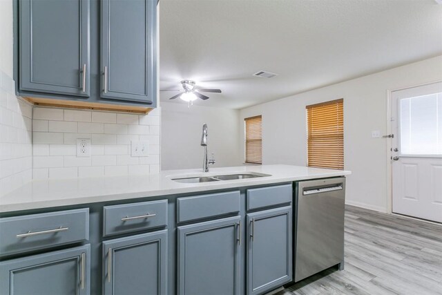 kitchen with stainless steel dishwasher, a sink, a peninsula, backsplash, and light countertops