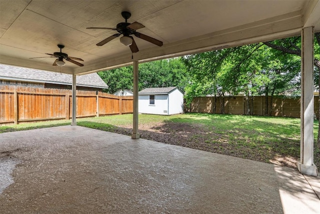 4329 Rock Hill Rd, Round Rock, TX 78681 - view of patio with ceiling fan, an outdoor structure, and a storage shed