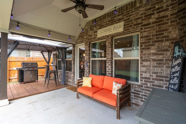 115 Oleander Loop, Buda, TX 78610 - view of patio / terrace featuring a gazebo, ceiling fan, an outdoor living space, and area for grilling