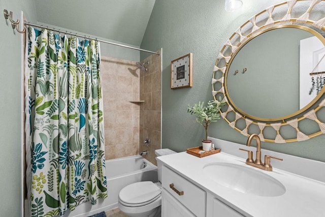 115 Oleander Loop, Buda, TX 78610 - full bathroom with a textured wall, shower / bath combination with curtain, vanity, and lofted ceiling