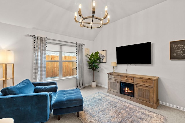 115 Oleander Loop, Buda, TX 78610 - living room featuring light carpet, a chandelier, lofted ceiling, and a lit fireplace