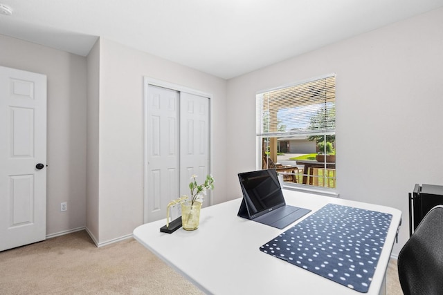 office space featuring light carpet and baseboards