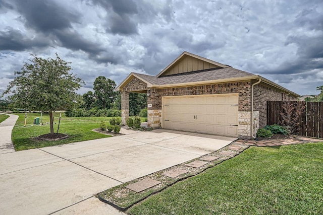 view of side of property with a garage, concrete driveway, brick siding, and board and batten siding