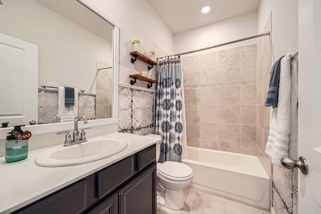 full bath featuring toilet, vanity, shower / bath combo, and tile patterned flooring