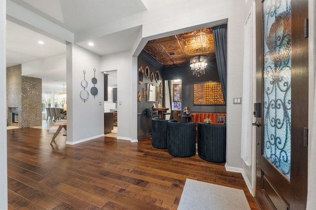 3016 Sunland Dr, Austin, TX 78748 - entrance foyer with hardwood / wood-style floors, an ornate ceiling, recessed lighting, and a chandelier