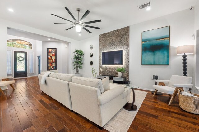 3016 Sunland Dr, Austin, TX 78748 - living room featuring dark wood-type flooring, ceiling fan, and recessed lighting