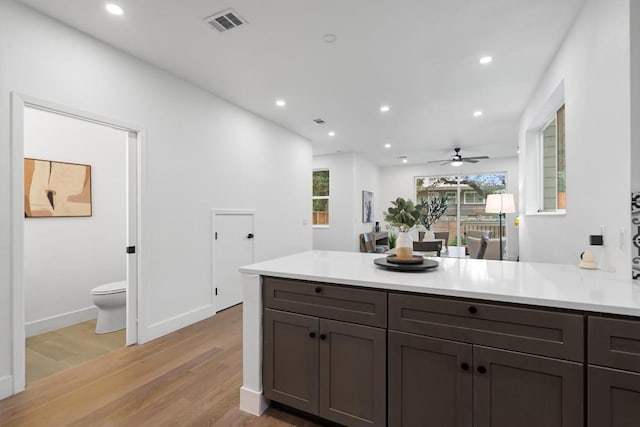 1208 W Oltorf St Unit B, Austin, TX 78704 - kitchen with light wood-style flooring, light countertops, a peninsula, a ceiling fan, and recessed lighting
