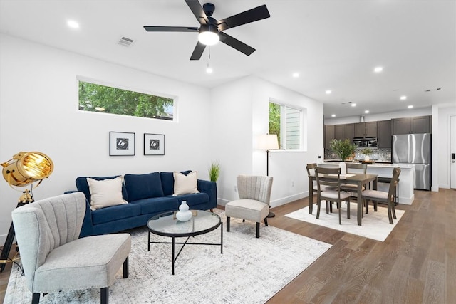 1208 W Oltorf St Unit B, Austin, TX 78704 - living area with recessed lighting, wood finished floors, and ceiling fan