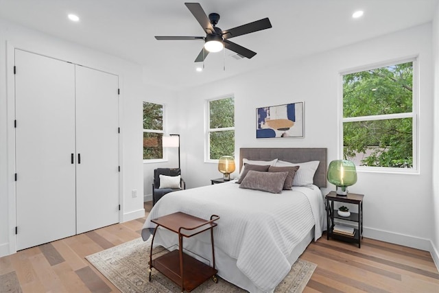 1208 W Oltorf St Unit B, Austin, TX 78704 - bedroom with recessed lighting, light wood finished floors, ceiling fan, and a closet