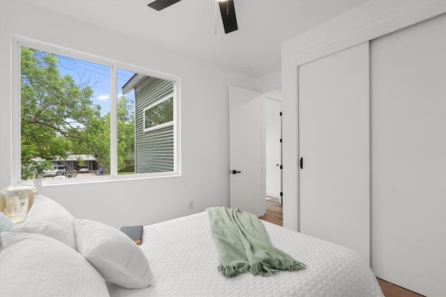 1208 W Oltorf St Unit B, Austin, TX 78704 - bedroom featuring multiple windows, wood finished floors, a ceiling fan, and a closet