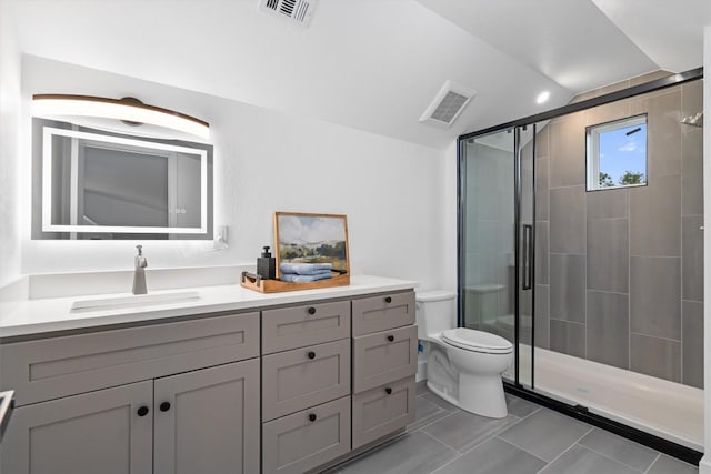 1208 W Oltorf St Unit B, Austin, TX 78704 - bathroom with toilet, a stall shower, vanity, and lofted ceiling