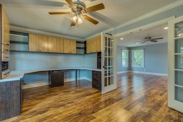 2112 W 11th St, Austin, TX 78703 - kitchen with ceiling fan, crown molding, open shelves, dark wood-type flooring, and baseboards