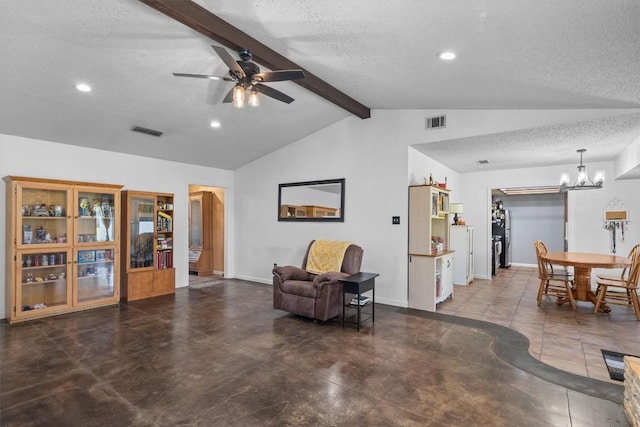 sitting room with a textured ceiling, a chandelier, ceiling fan, recessed lighting, and baseboards