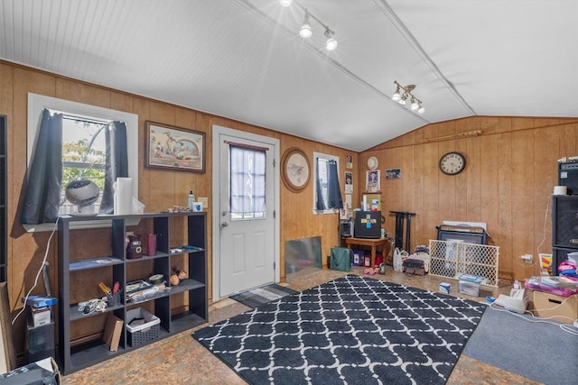 entrance foyer featuring lofted ceiling, plenty of natural light, and wooden walls