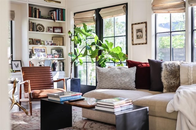 sitting room with built in shelves