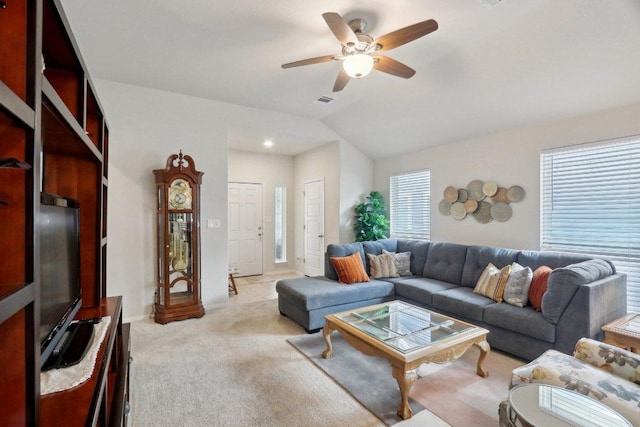 6032 Urbano Bnd, Round Rock, TX 78665 - living area featuring light colored carpet, a ceiling fan, and lofted ceiling