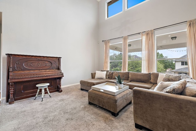 3805 Durnberry Ln, Round Rock, TX 78664 - carpeted living area with baseboards and a towering ceiling