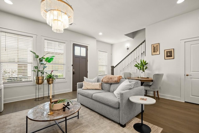 2520 Bluebonnet Ln Unit 32, Austin, TX 78704 - living room featuring stairway, wood finished floors, plenty of natural light, baseboards, and recessed lighting
