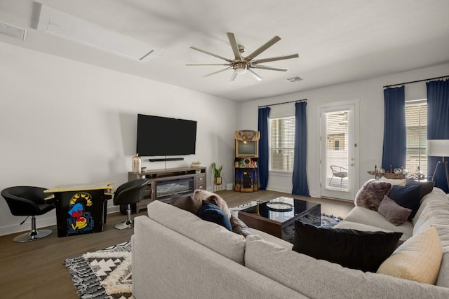 2520 Bluebonnet Ln Unit 32, Austin, TX 78704 - living area featuring wood finished floors, ceiling fan, and attic access