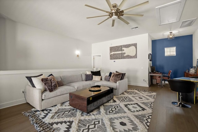 2520 Bluebonnet Ln Unit 32, Austin, TX 78704 - living room featuring attic access, a ceiling fan, wood finished floors, and a desk