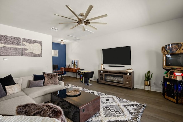 2520 Bluebonnet Ln Unit 32, Austin, TX 78704 - living area featuring attic access, wood finished floors, ceiling fan, and baseboards