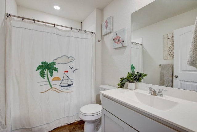 12224 Token Trl, Elgin, TX 78621 - bathroom featuring toilet, vanity, wood finished floors, and curtained shower