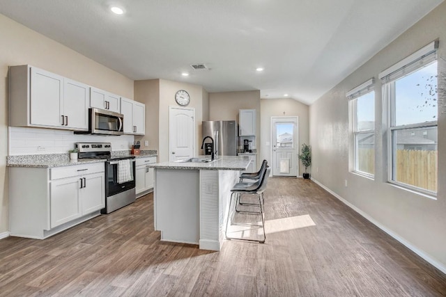 12224 Token Trl, Elgin, TX 78621 - kitchen featuring appliances with stainless steel finishes, wood finished floors, a kitchen bar, an island with sink, and vaulted ceiling