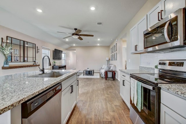 12224 Token Trl, Elgin, TX 78621 - kitchen featuring appliances with stainless steel finishes, a sink, light wood-style floors, ceiling fan, and light stone counters