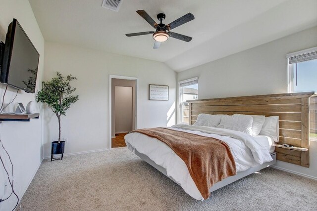 12224 Token Trl, Elgin, TX 78621 - carpeted bedroom with multiple windows, baseboards, ceiling fan, and vaulted ceiling