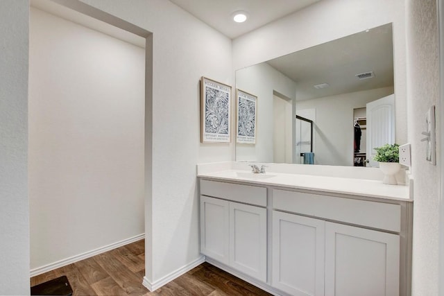 12224 Token Trl, Elgin, TX 78621 - bathroom with wood finished floors, vanity, baseboards, a stall shower, and a walk in closet