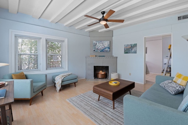 4611 Rosedale Ave, Austin, TX 78756 - living area with beam ceiling, ceiling fan, a fireplace with flush hearth, light wood finished floors, and baseboards