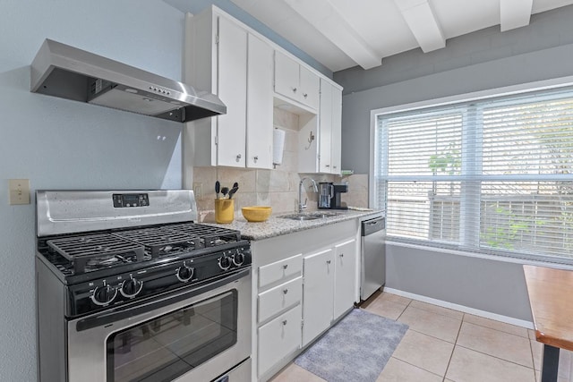 4611 Rosedale Ave, Austin, TX 78756 - kitchen featuring stainless steel appliances, a sink, wall chimney exhaust hood, white cabinetry, and baseboards