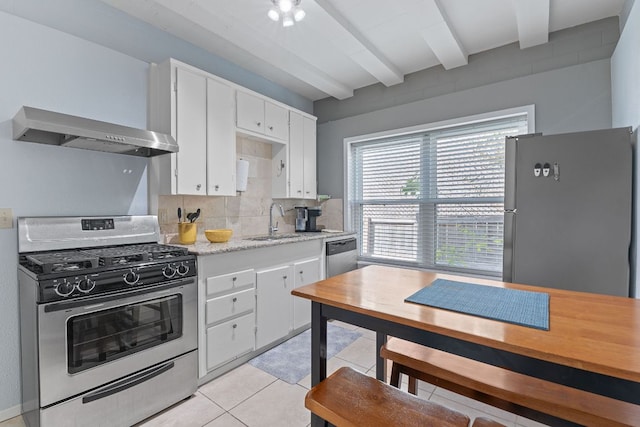 4611 Rosedale Ave, Austin, TX 78756 - kitchen featuring stainless steel appliances, wall chimney exhaust hood, a sink, beamed ceiling, and backsplash