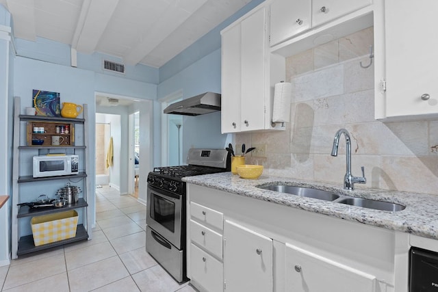 4611 Rosedale Ave, Austin, TX 78756 - kitchen with white microwave, stainless steel gas range oven, wall chimney exhaust hood, a sink, and decorative backsplash