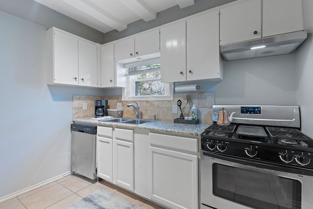 4611 Rosedale Ave, Austin, TX 78756 - kitchen with stainless steel appliances, a sink, under cabinet range hood, backsplash, and white cabinets