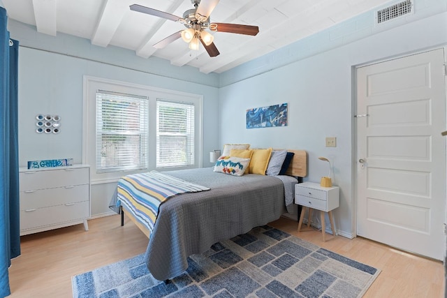 4611 Rosedale Ave, Austin, TX 78756 - bedroom featuring light wood finished floors, beamed ceiling, and ceiling fan