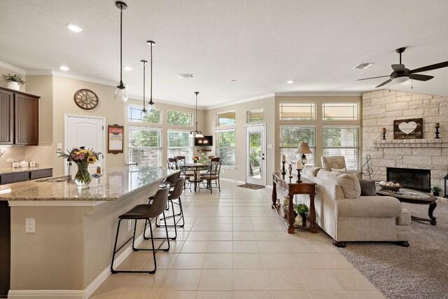 417 Freeman Park Pl, Round Rock, TX 78665 - kitchen with ceiling fan, open floor plan, ornamental molding, recessed lighting, and a fireplace