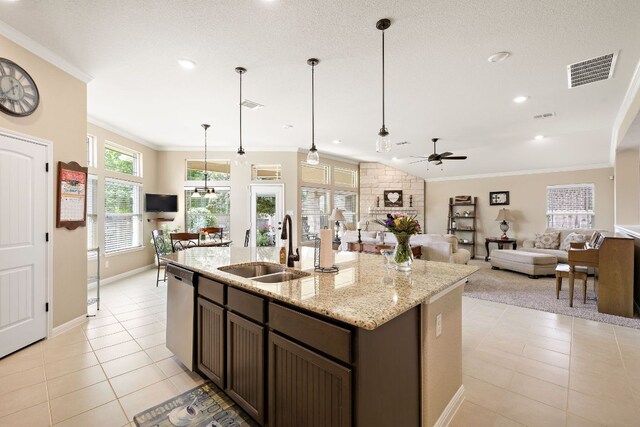 417 Freeman Park Pl, Round Rock, TX 78665 - kitchen with a sink, dishwasher, crown molding, ceiling fan, and baseboards