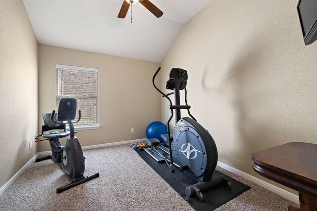 417 Freeman Park Pl, Round Rock, TX 78665 - workout room with ceiling fan, carpet, baseboards, and vaulted ceiling