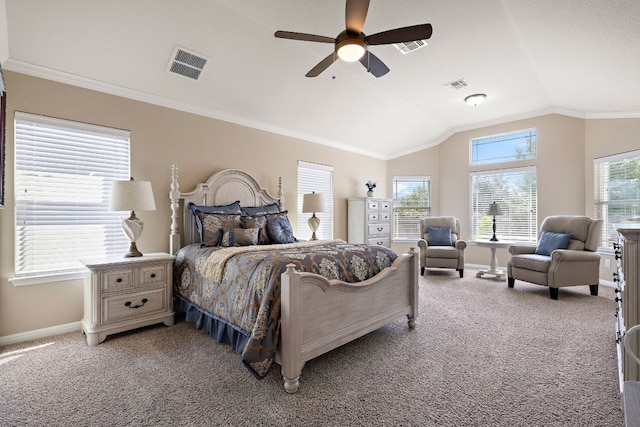 417 Freeman Park Pl, Round Rock, TX 78665 - bedroom featuring baseboards, light carpet, vaulted ceiling, ceiling fan, and crown molding