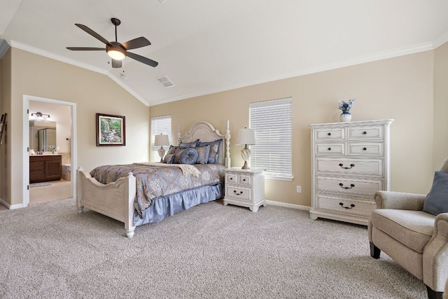 417 Freeman Park Pl, Round Rock, TX 78665 - bedroom featuring ornamental molding, light colored carpet, baseboards, vaulted ceiling, and ceiling fan