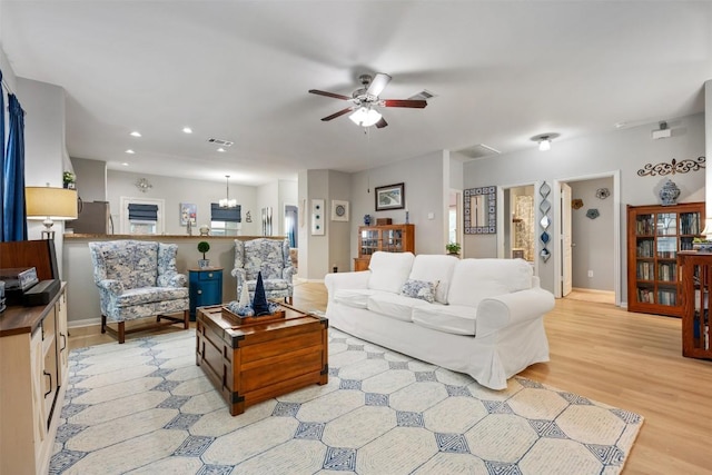 360 Waterloo Dr, Kyle, TX 78640 - living area featuring a ceiling fan, light wood-style flooring, recessed lighting, and baseboards