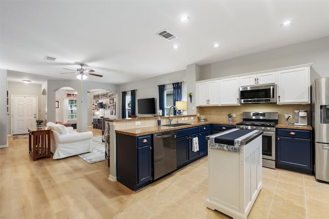 360 Waterloo Dr, Kyle, TX 78640 - kitchen with stainless steel appliances, a sink, blue cabinets, arched walkways, and recessed lighting