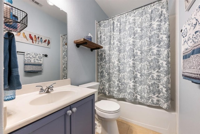 360 Waterloo Dr, Kyle, TX 78640 - bathroom featuring vanity, toilet, tile patterned flooring, shower / bath combination with curtain, and a textured wall