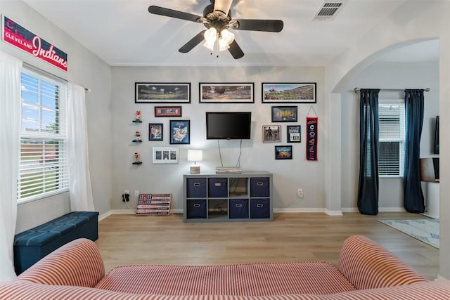 360 Waterloo Dr, Kyle, TX 78640 - living area featuring arched walkways, wood finished floors, and healthy amount of natural light