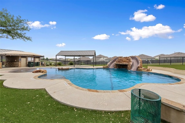 360 Waterloo Dr, Kyle, TX 78640 - view of pool with a water slide, a gazebo, and a patio area