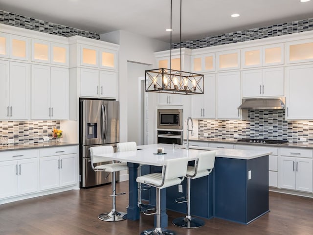 20513 Christie Marie Ln, Pflugerville, TX 78660 - kitchen with appliances with stainless steel finishes, a sink, under cabinet range hood, tasteful backsplash, and recessed lighting