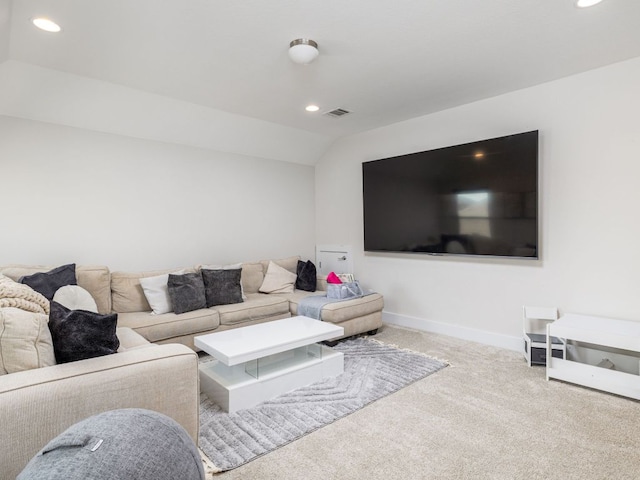 20513 Christie Marie Ln, Pflugerville, TX 78660 - living room featuring carpet, recessed lighting, baseboards, and lofted ceiling